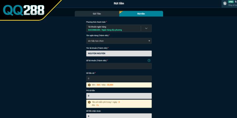 Hướng dẫn từng bước rút tiền QQ288 về tài khoản ngân hàng